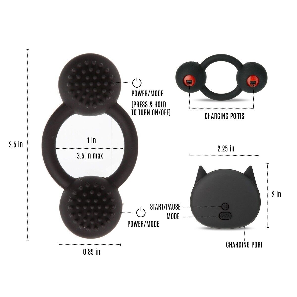 Rechargeable Wireless Remote Dual Bullet Vibrator Vibrating Penis Cock Ring