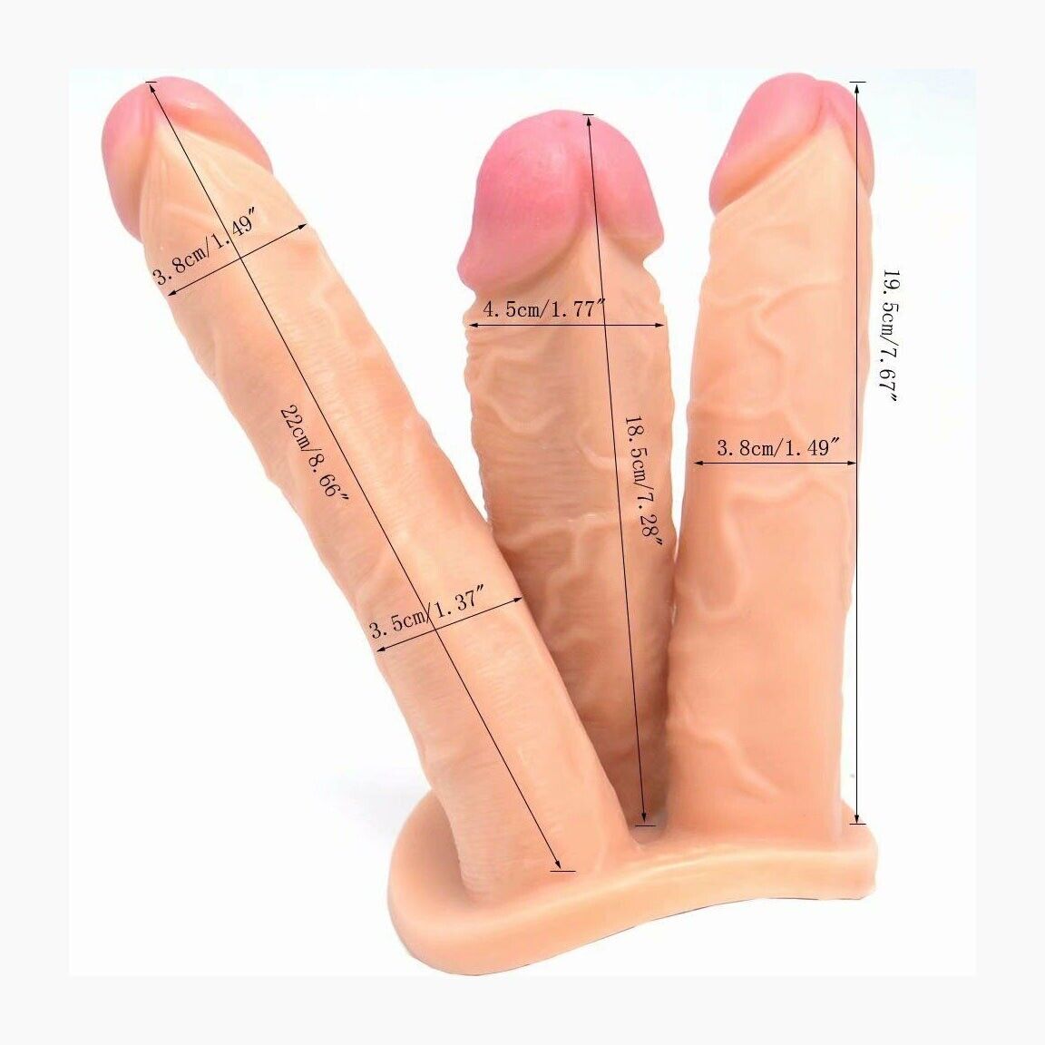 Huge Realistic Triple 3 Heads Dildo Dong Penis Cock Handsfree Suction Cup