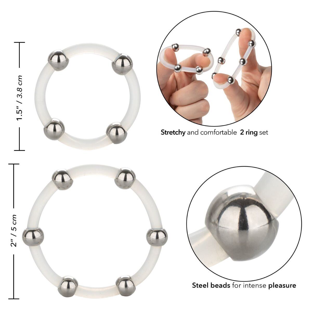 2 Stretchy Steel Beaded Silicone Penis Cock Rings Sex Toys for Men