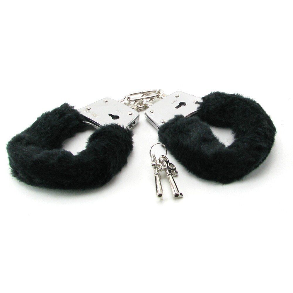 Black Soft Furry Fur Fuzzy Cuffs Metal Steel Wrist Hand cuffs