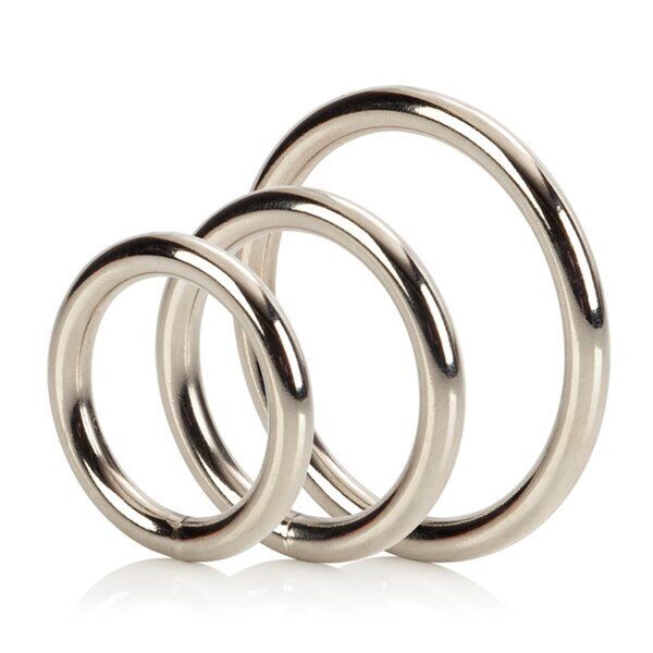 Metal Adornment Silver Penis Enhancer Cock Ring 3 Piece Set Small Medium Large