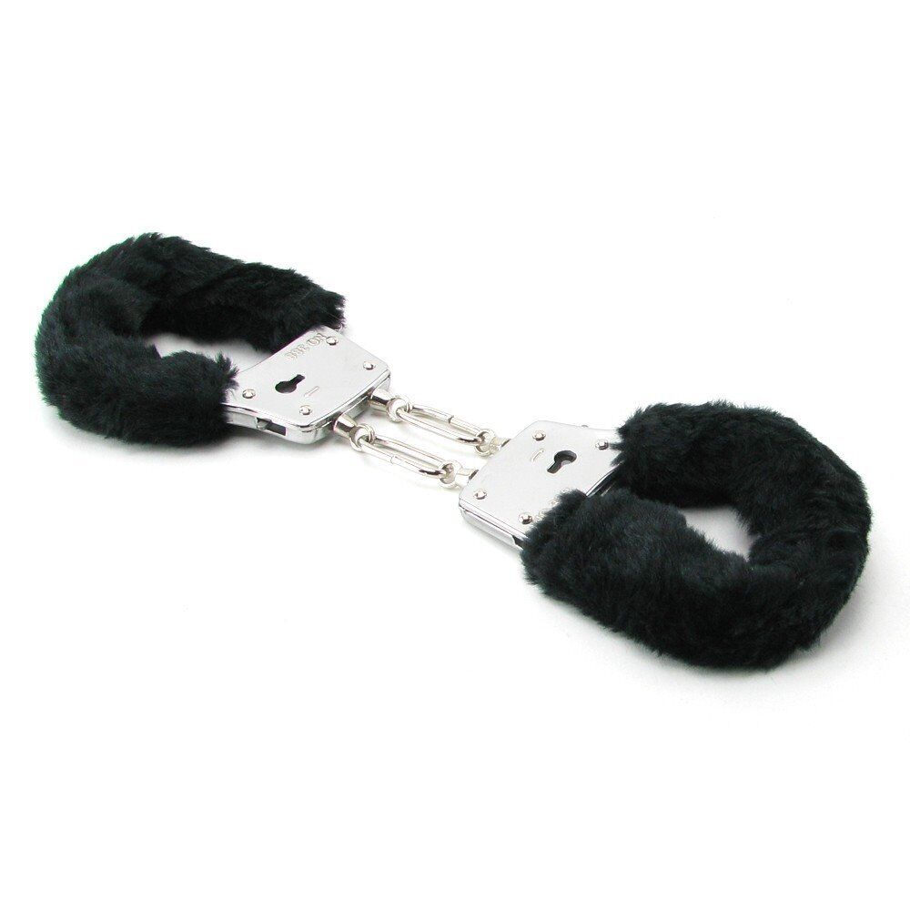 Black Soft Furry Fur Fuzzy Cuffs Metal Steel Wrist Hand cuffs