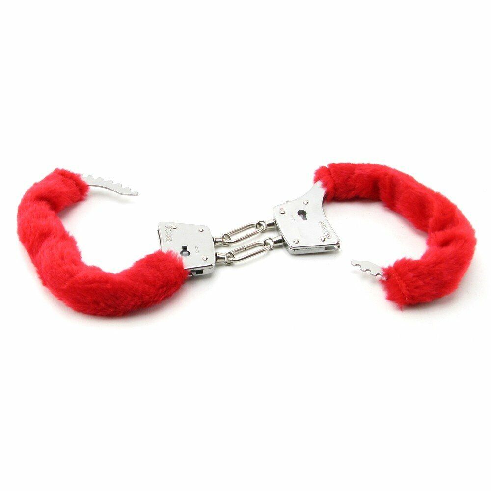 Soft Furry Fur Fuzzy Cuffs Metal Steel Handcuffs Red