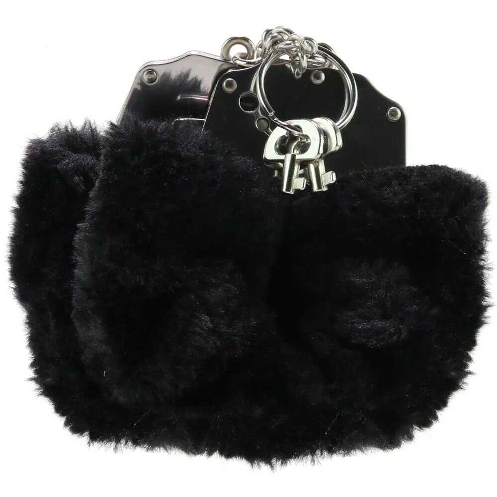 Black Soft Furry Fur Fuzzy Cuffs Metal Steel Wrist Hand cuffs