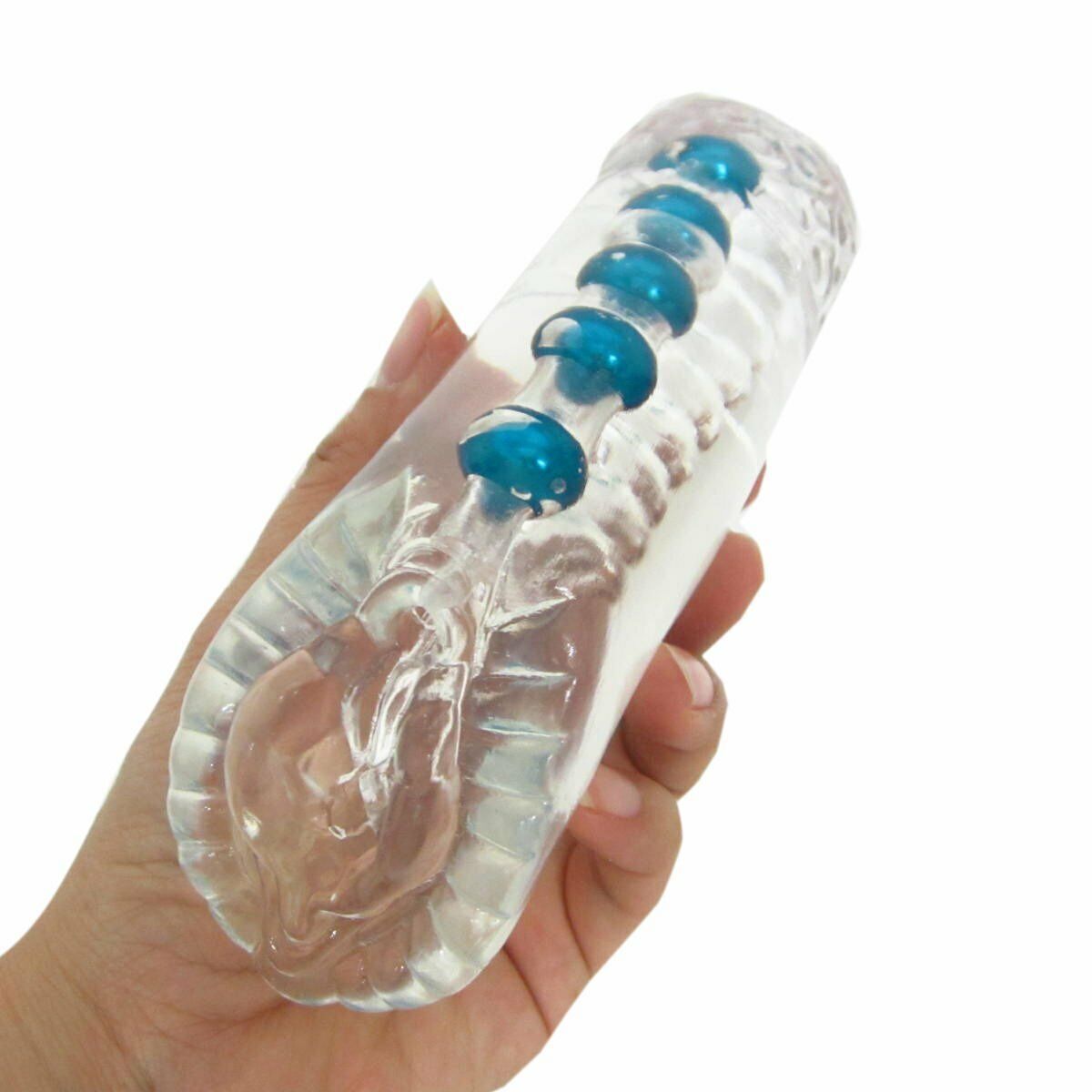 Clear Snatch Male Masturbator Sleeve Cock Stroker with 5 Pearl Orgasm Beads