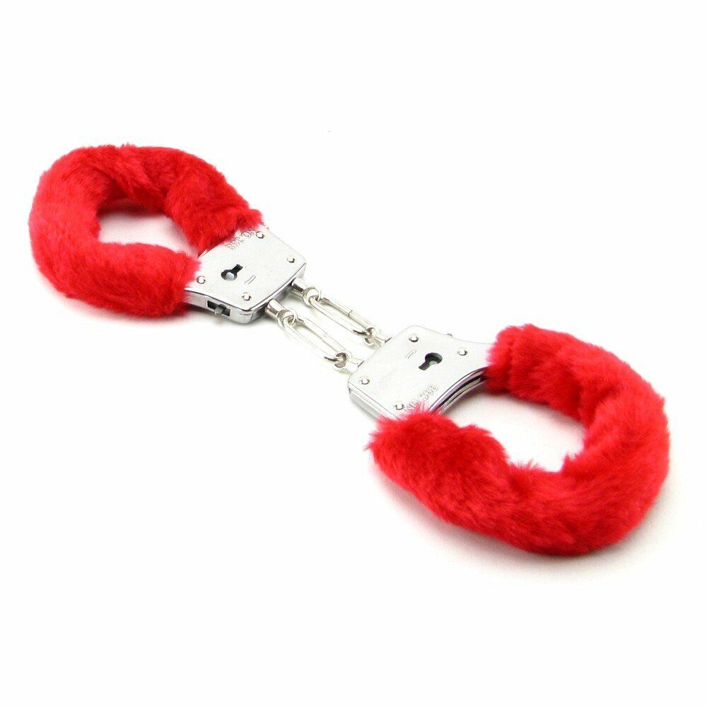 Soft Furry Fur Fuzzy Cuffs Metal Steel Handcuffs Red