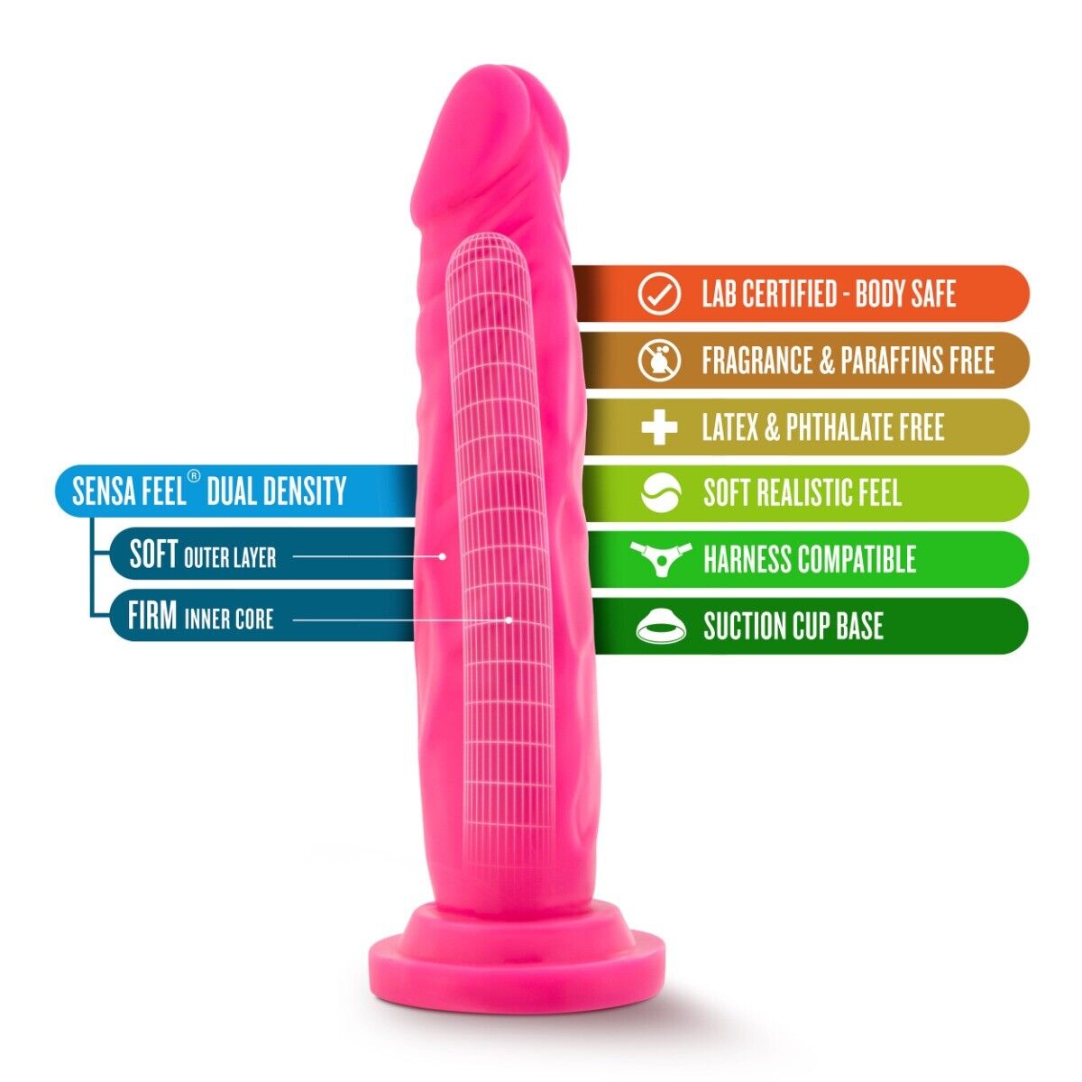 Neon Pink 7.5" Flexible Realistic Cock Dildo Dong Strap On Harness Compatible