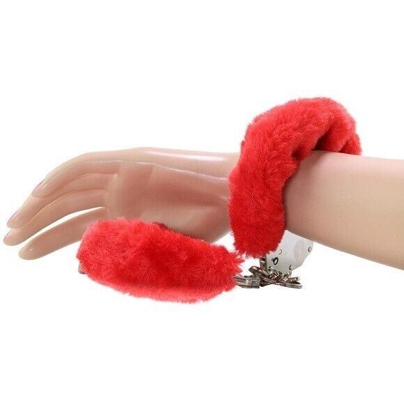 Soft Furry Fur Fuzzy Cuffs Metal Steel Handcuffs Red