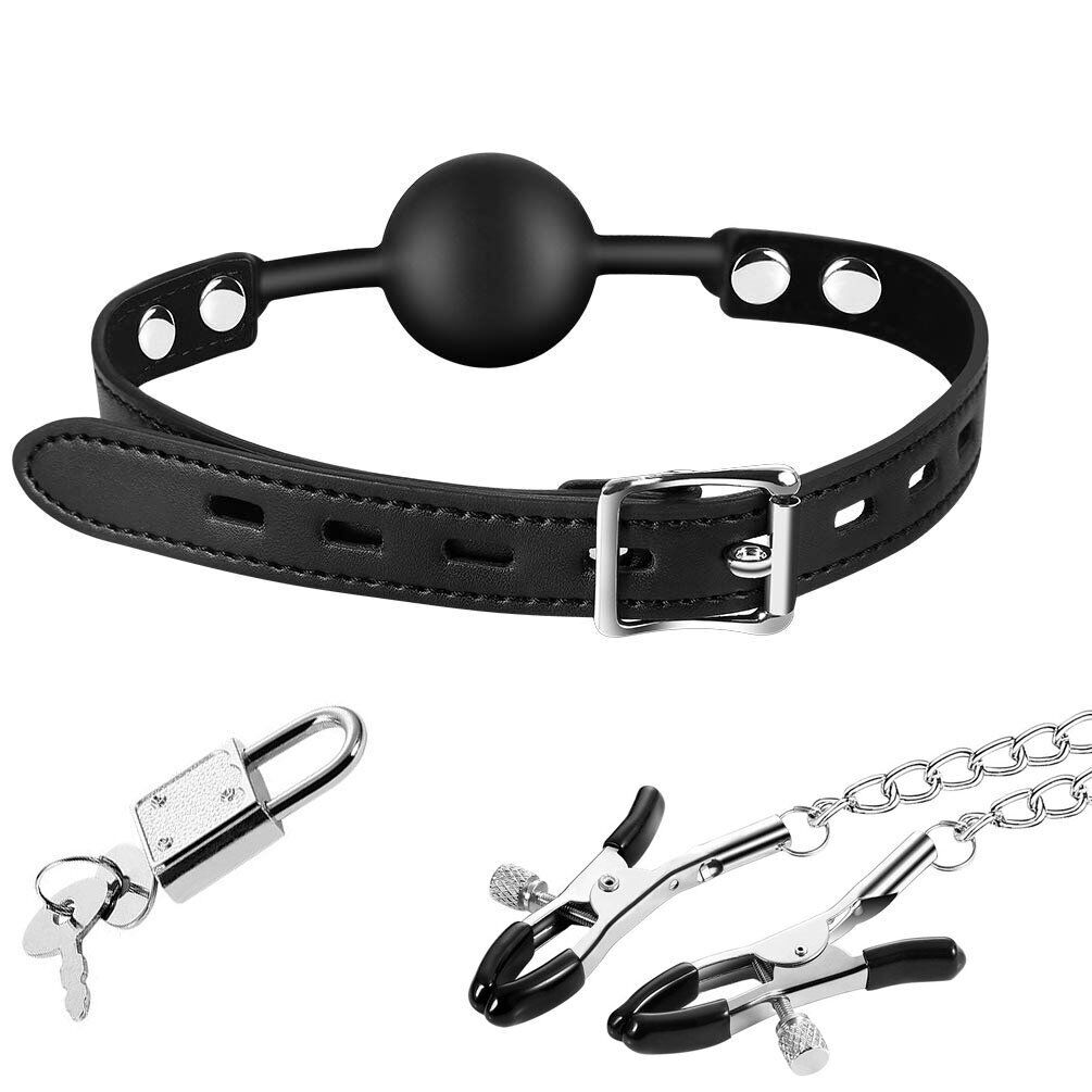 Lockable Silicone Mouth Ball Gag with Nipple Clamps Bondage Sex Toys for Couples