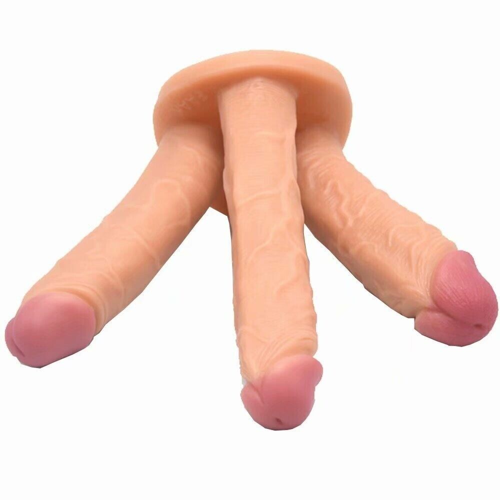 Huge Realistic Triple 3 Heads Dildo Dong Penis Cock Handsfree Suction Cup