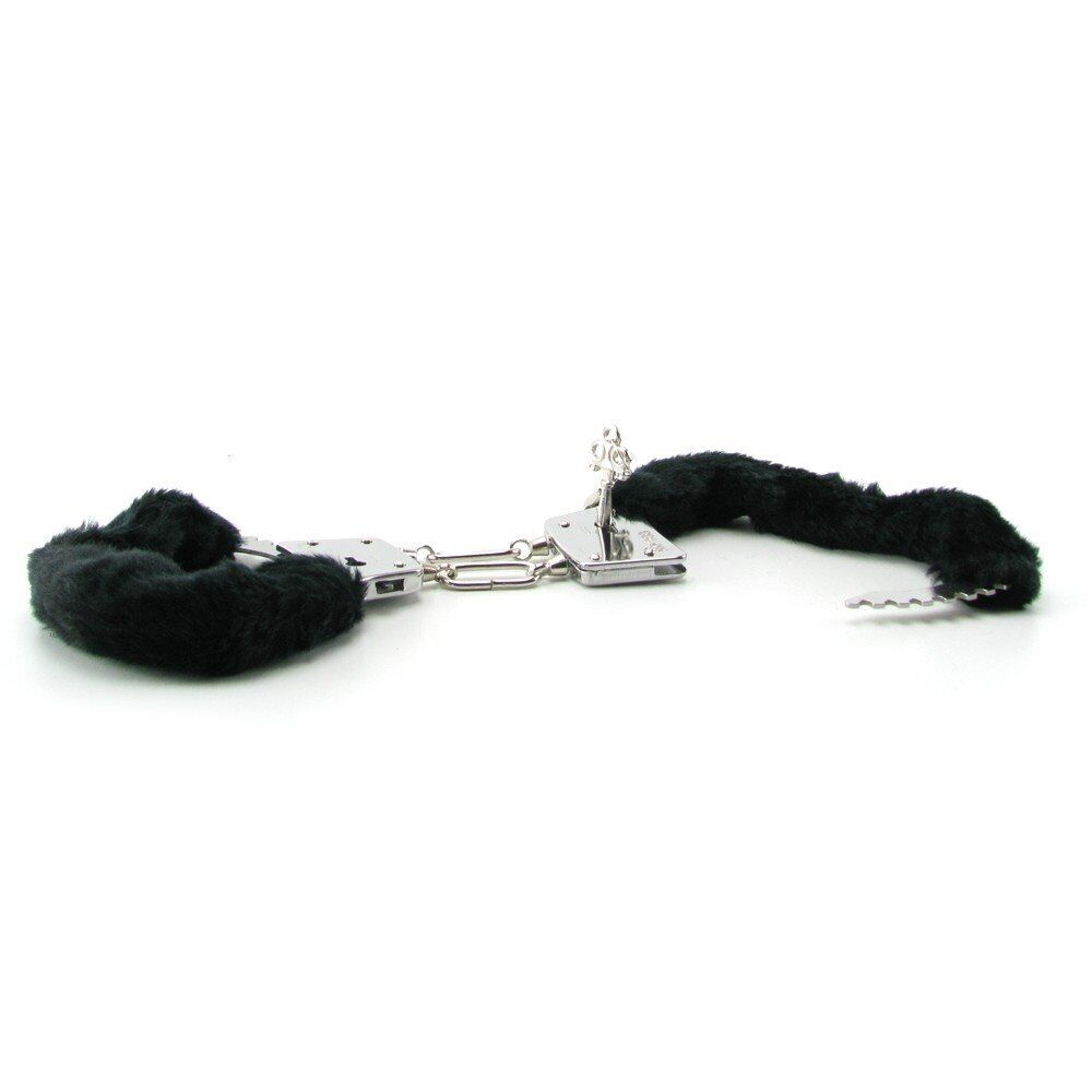 Black Soft Furry Fur Fuzzy Cuffs Metal Steel Wrist Hand cuffs