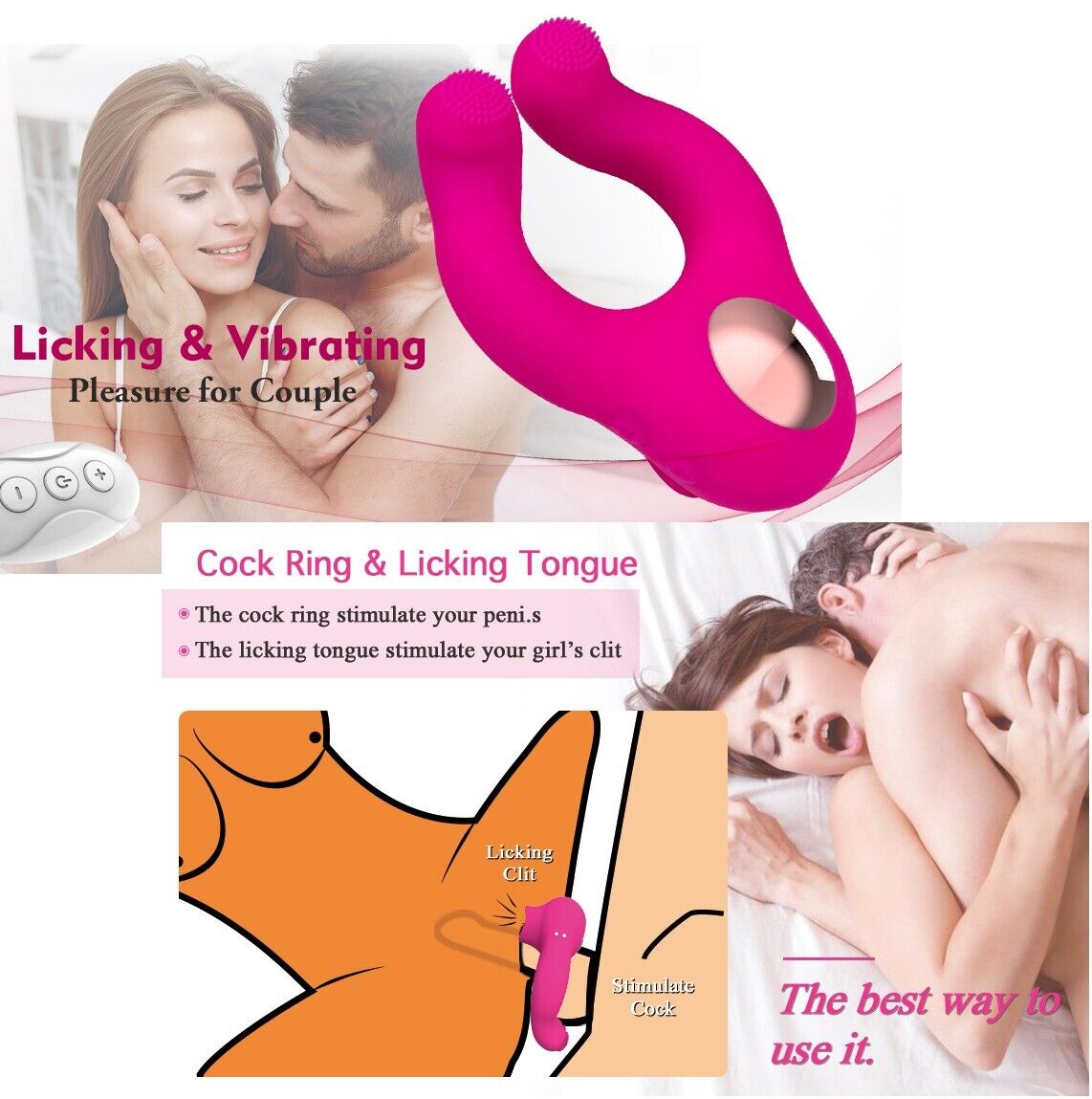 Wireless Remote Control Clit Licking Vibator Penis Cock Ring Couple Sex Toys