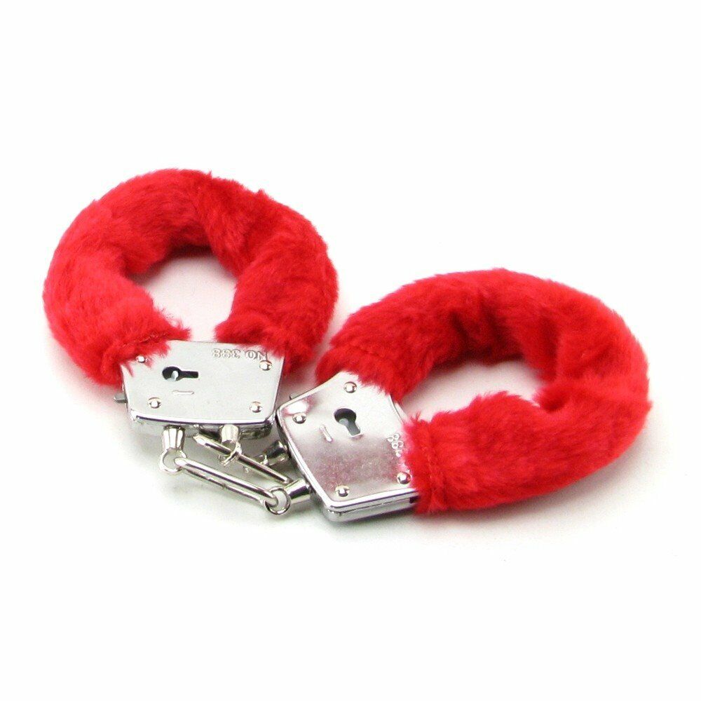 Soft Furry Fur Fuzzy Cuffs Metal Steel Handcuffs Red