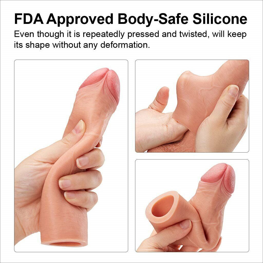 Realistic Silicone Male Penis Extension Extender 2" + Thick Cock Enlarger Sleeve