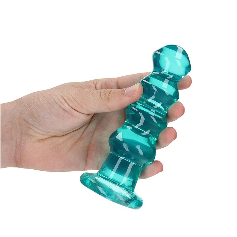 RealRock Crystal Clear Ribbed 5.5" Curvy Dildo Dong Anal Butt Plug Turquoise