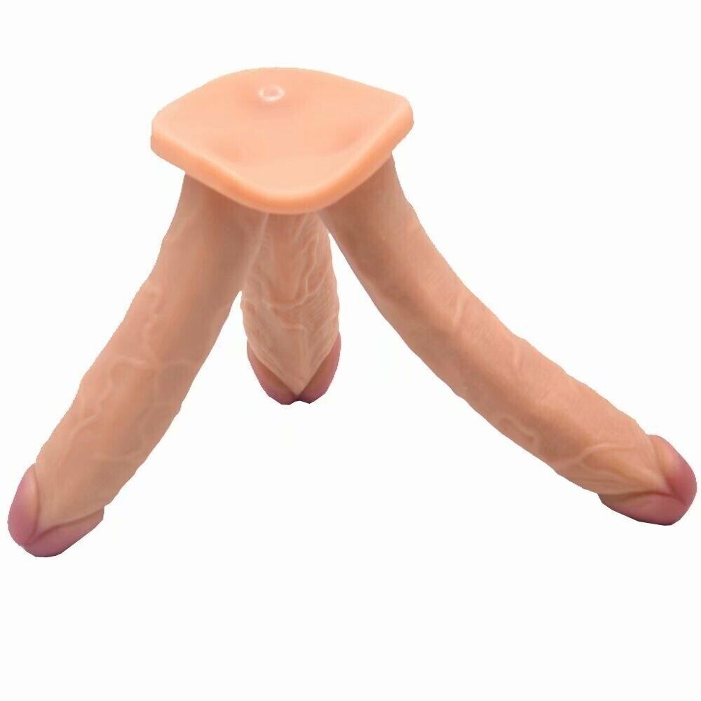 Huge Realistic Triple 3 Heads Dildo Dong Penis Cock Handsfree Suction Cup