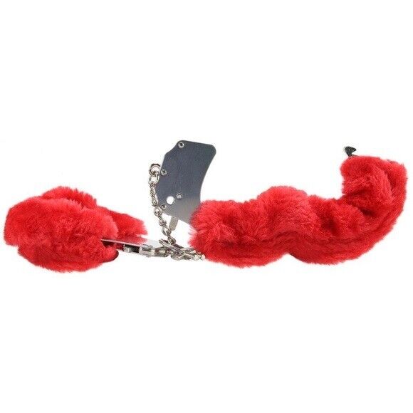 Soft Furry Fur Fuzzy Cuffs Metal Steel Handcuffs Red