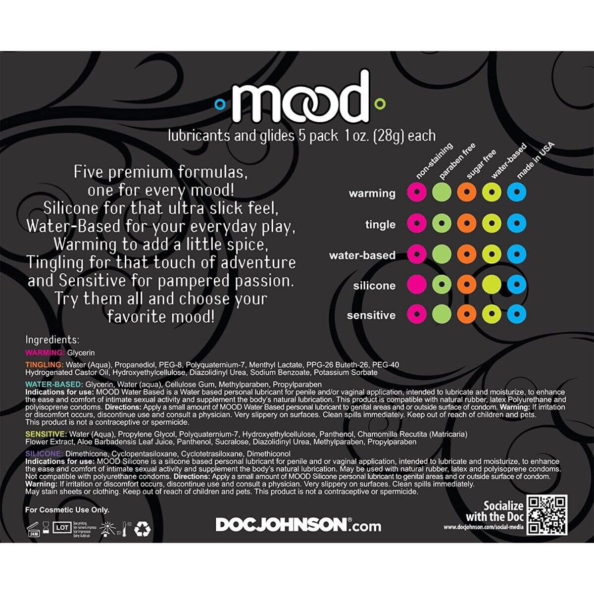 Doc Johnson Mood Lube 5 Pack Sampler Silicone Water Based Warming Lubricant