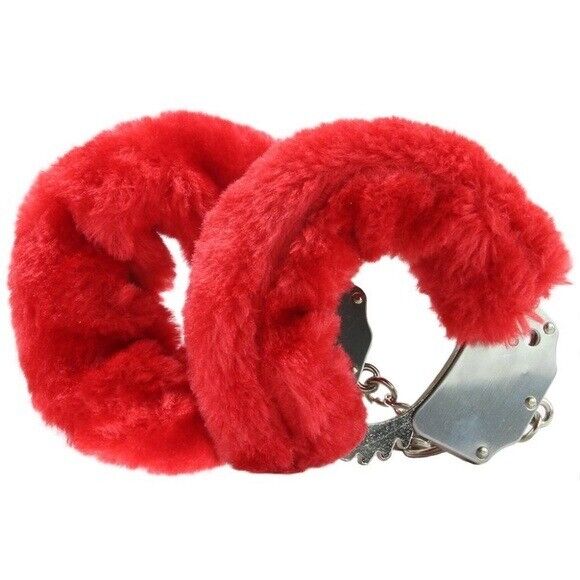 Soft Furry Fur Fuzzy Cuffs Metal Steel Handcuffs Red