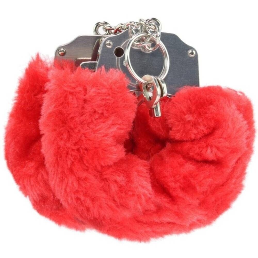 Soft Furry Fur Fuzzy Cuffs Metal Steel Handcuffs Red