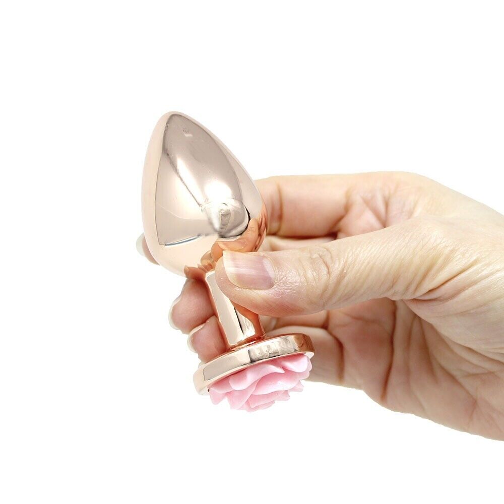 Rose Gold Metal Anal Butt Plug with Pink Flower Sex Toys for Women Men Couples