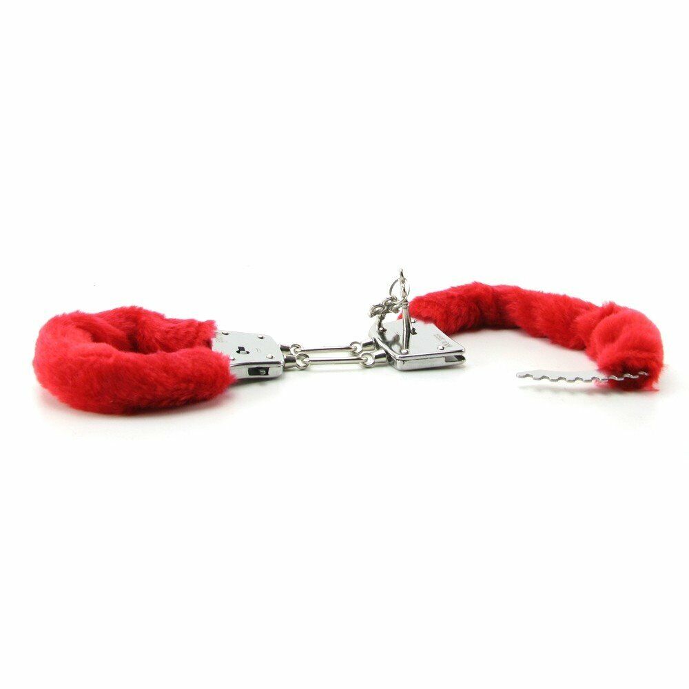 Soft Furry Fur Fuzzy Cuffs Metal Steel Handcuffs Red